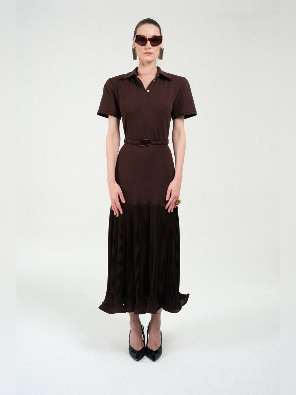 Rowen Rose Polo Dress Skirt in Brown midi flowy shirt skirt